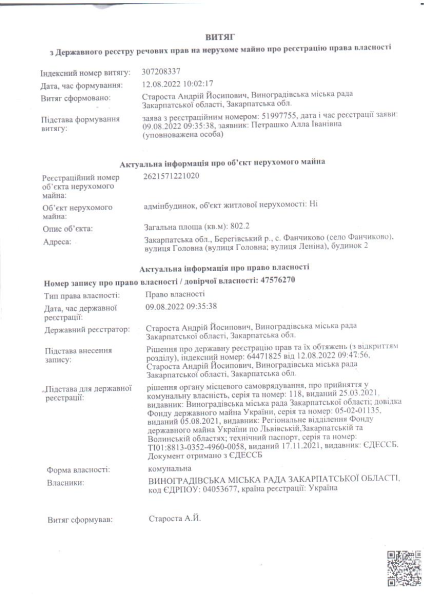 Правовстановлюючий документ адмінбудинок Фанчиково