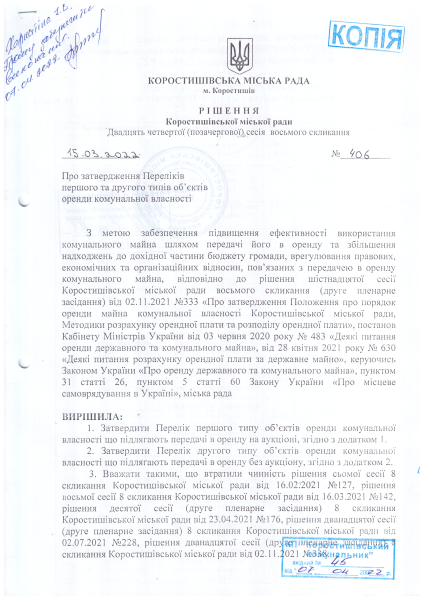 Рішення Коростишівської міської ради №406 від 15.03.2022р.