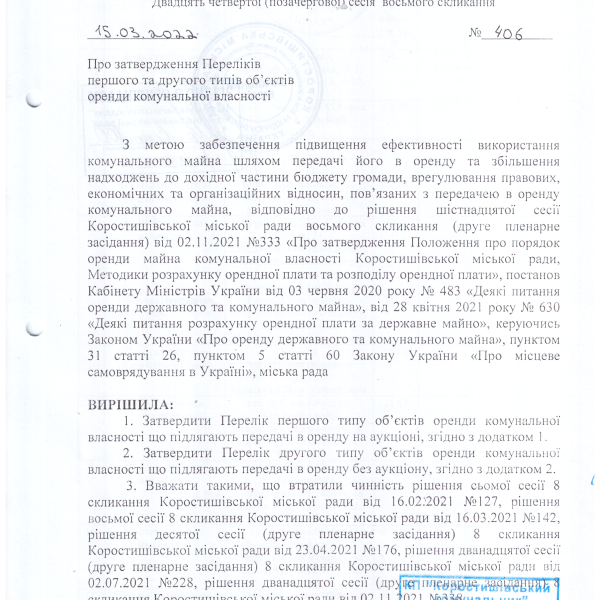 Рішення Коростишівської міської ради №406 від 15.03.2022р.